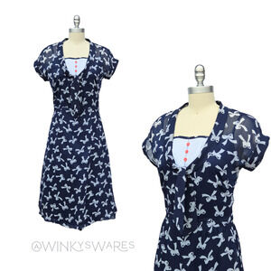 Bettie Page Bow Print Midi Dress Size M Nautical Blue White Novelty Retro Pin Up